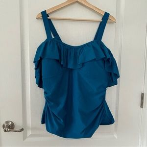 Avenue Teal Blue Swimsuit Tankini 18W NWT  Neck Arm Ruffle  Rouching Feminine